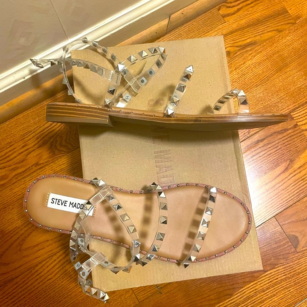 ☀️Steve Madden Sz 9 Women's Studded Sandals - Clear and Tan😎 - Picture 3 of 6